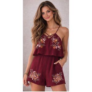 She And Sky Burgundy Floral Embroidered Romper Strappy Boho Festival Size L